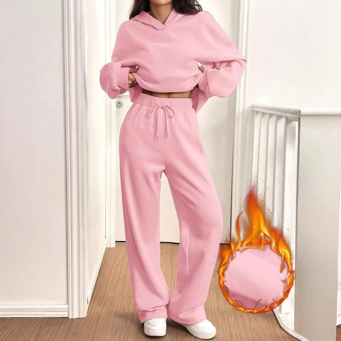 

Women's Warm Lined Hoodie Pants Sport Set Long Sve Tee-Piece Suit European Sle Winter Faion Color