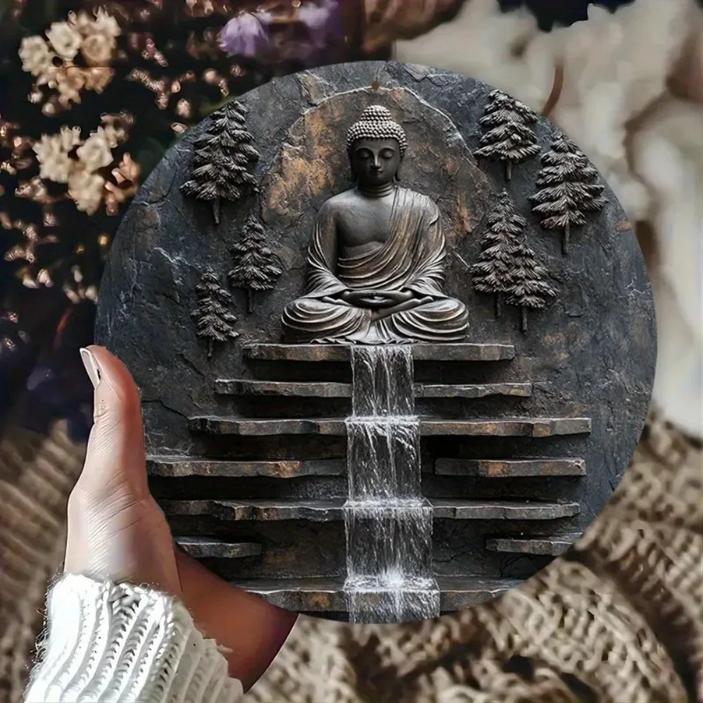 Vintage Metal Buddha Meditation Wall Art | Serene Monk & Waterfall Design | Outdoor Yard & Garden Zen Decor image 4