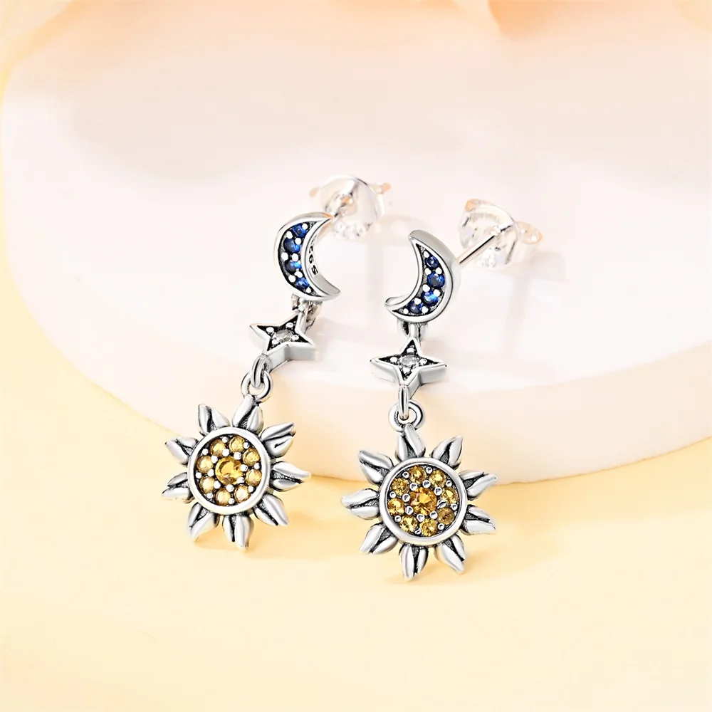 Trendy 925 Sterling Silver Gold Sun & Silver Moon Asymmetric Dual Color Earrings For Women\'s Moon Appreciation Accessories