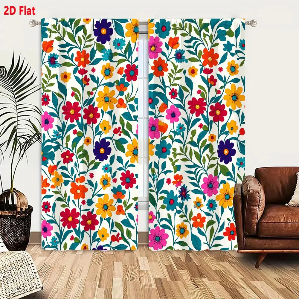 2Pcs Curtains 2D Flat Vibrant Colorful Seamless Floral Pattern With Daisies And Foliage On Cream Background Window Drapes for Be