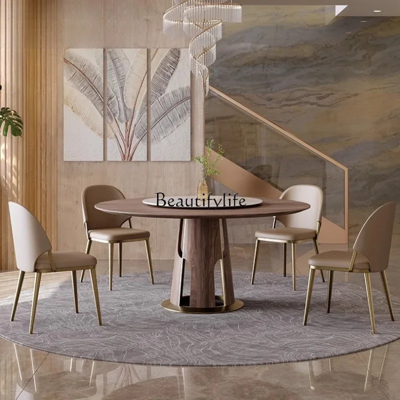 

LAsh wood solid wood dining table light luxury household high-end marble turntable eating table