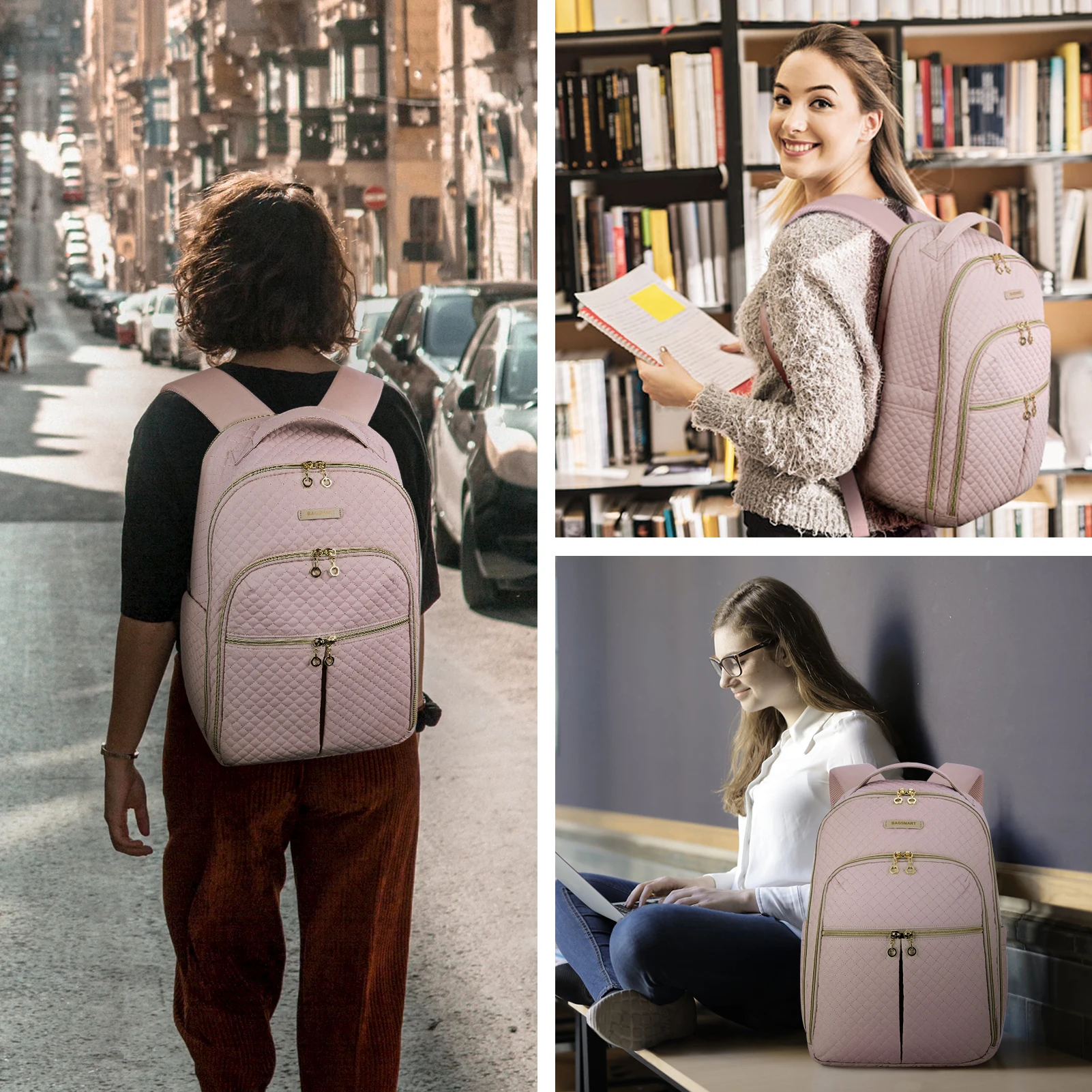 Bagsmart grande capacidade mochila vários bolsos 15.6 polegada portátil mochilas de viagem para as mulheres pacote traseiro com porta de carregamento usb