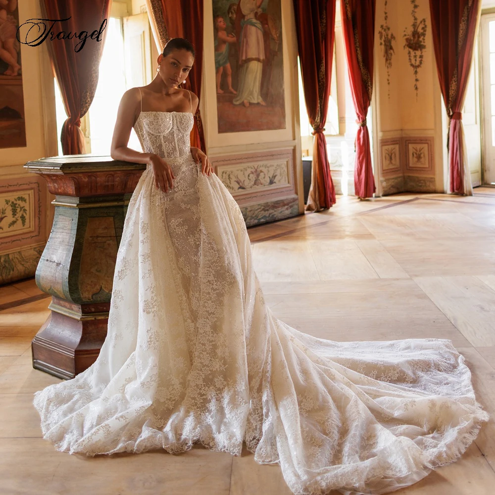 

Сексуальные свадебные платья в стиле русалки на заказ, с вырезом-лодочкой, на тонких бретелях, с кружевной вышивкой, 2 в 1, Vestido De Novia, Robe De Mariee