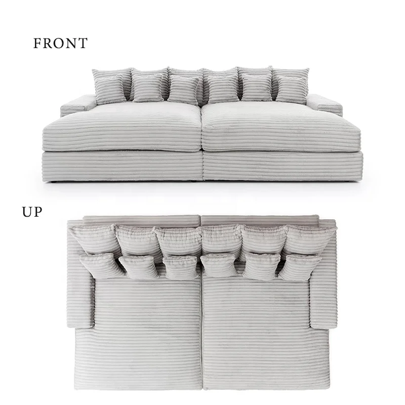 Extra Wide Deep Seat Oversized Loveseat Chaise Compressed Sofa Bed, Fluffy Corduroy Upholstered Cloud Couch Living Room Sofas