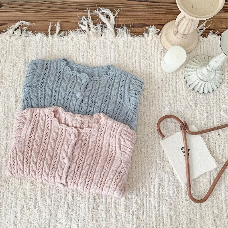 Girl Winter Thick Long Sleeve Solid Color Cute O Neck Cardigan Sweater Knit Twisted Rope Pattern Versatile Outerwear for Toddler