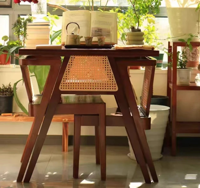 #High-end Modern Solid Wood Dining Table Chair Set Square Coffee Table Rattan Chairs Eco-friendly Apartment Hotel Outdoor