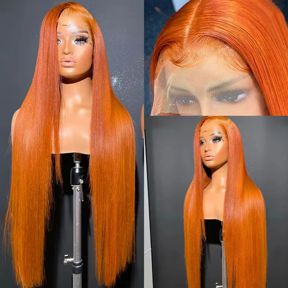 30 40 Inches Straight Ginger Orange 13x4 Lace Front Human Hair Wigs Preplucked  Transparent HD 13x6 Lace Frontal Colored Wig