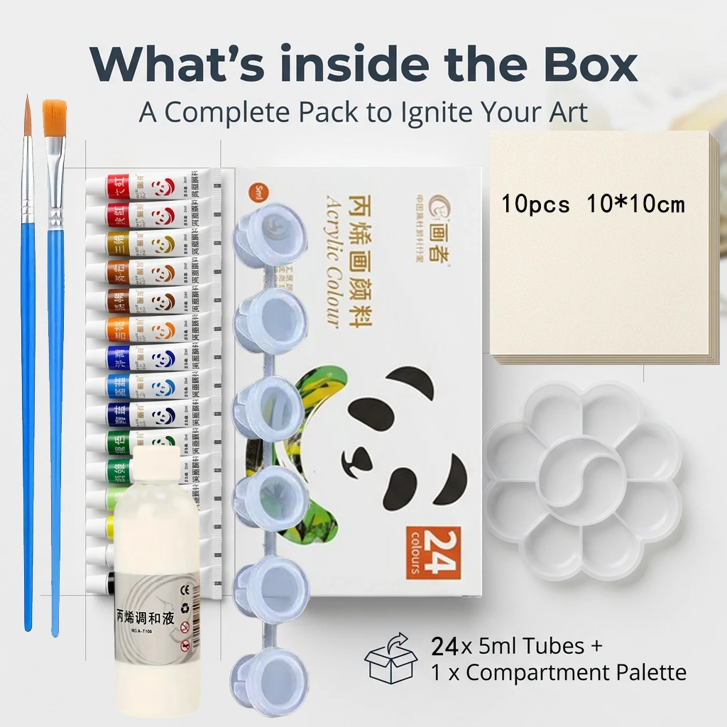 12/18/24 Colors 5ml Acrylic Paint Set with Palette 10 Sheets Watercolor Paper 2 Oil Brushes Blending Liquid And Paint Box