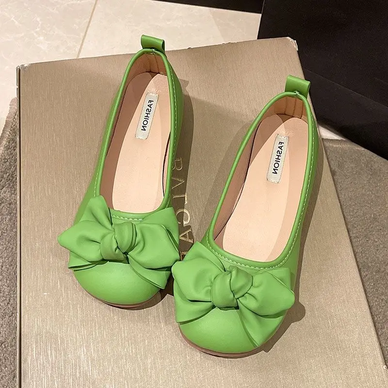 

2026 Spring Autumn Women's Loafers Elegant Bow Soft Leather Square Toe Low Cut Pregnancy Shoes Comfort Fit Soft Sole