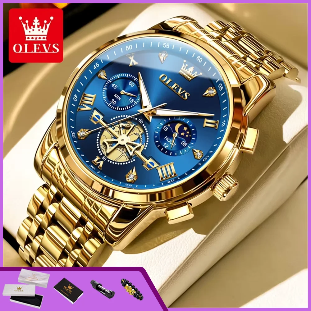 OLEVS 2856 Quartz Watches for Men Fashion Flywheel Design Chronograph Waterproof Luminous Calendar Moon Phase Men's Wristwatches