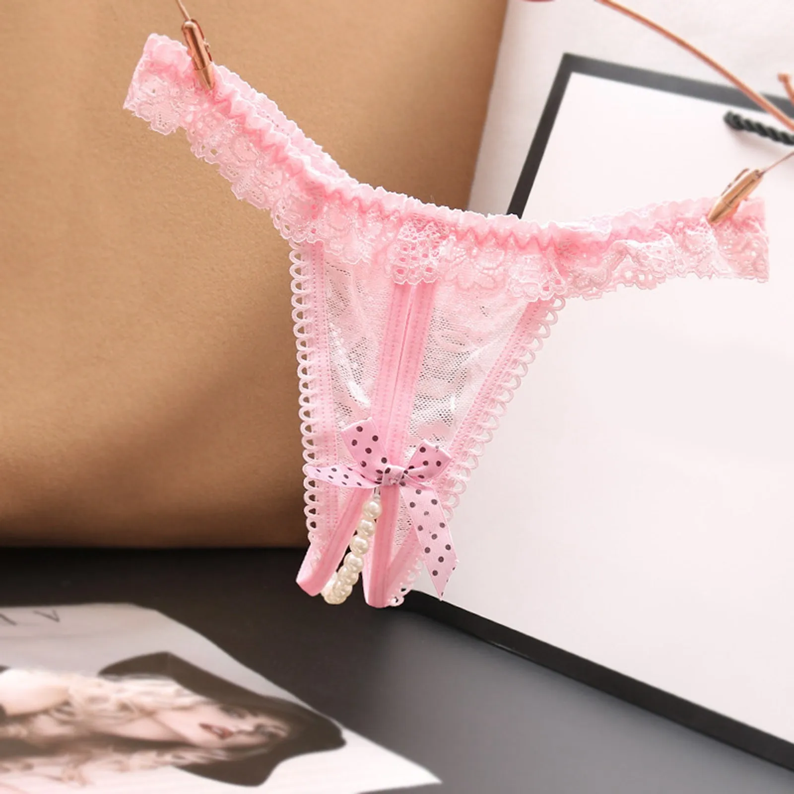 

Sexy Transparent Lace Underwear for Women Low Waist Open Crotch Pearl Thong Underwear Bowknot Sheer Mesh Ultra Thin Panties