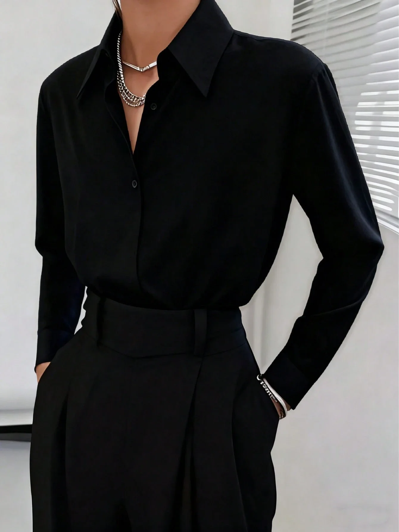 

Classic Black Button Detail Long Sleeve Turn-Down Collar Shirt Spring