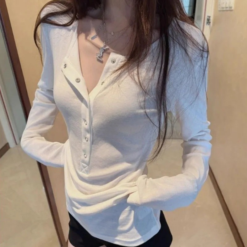 

Solid Color Simple Button Round Neck Long Sleeve Top Women's Autumn New Slim Fit Outerwear T-Shirt