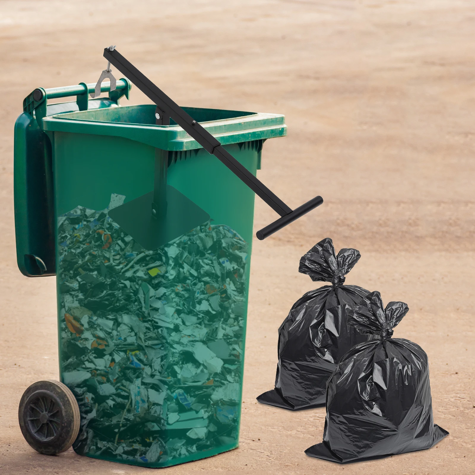 

Manual Trash Compactor, 60-100L Garbage Bin Compactor with Adjustable Height 25-40cm, Iron Lever Press 50kg Capacity