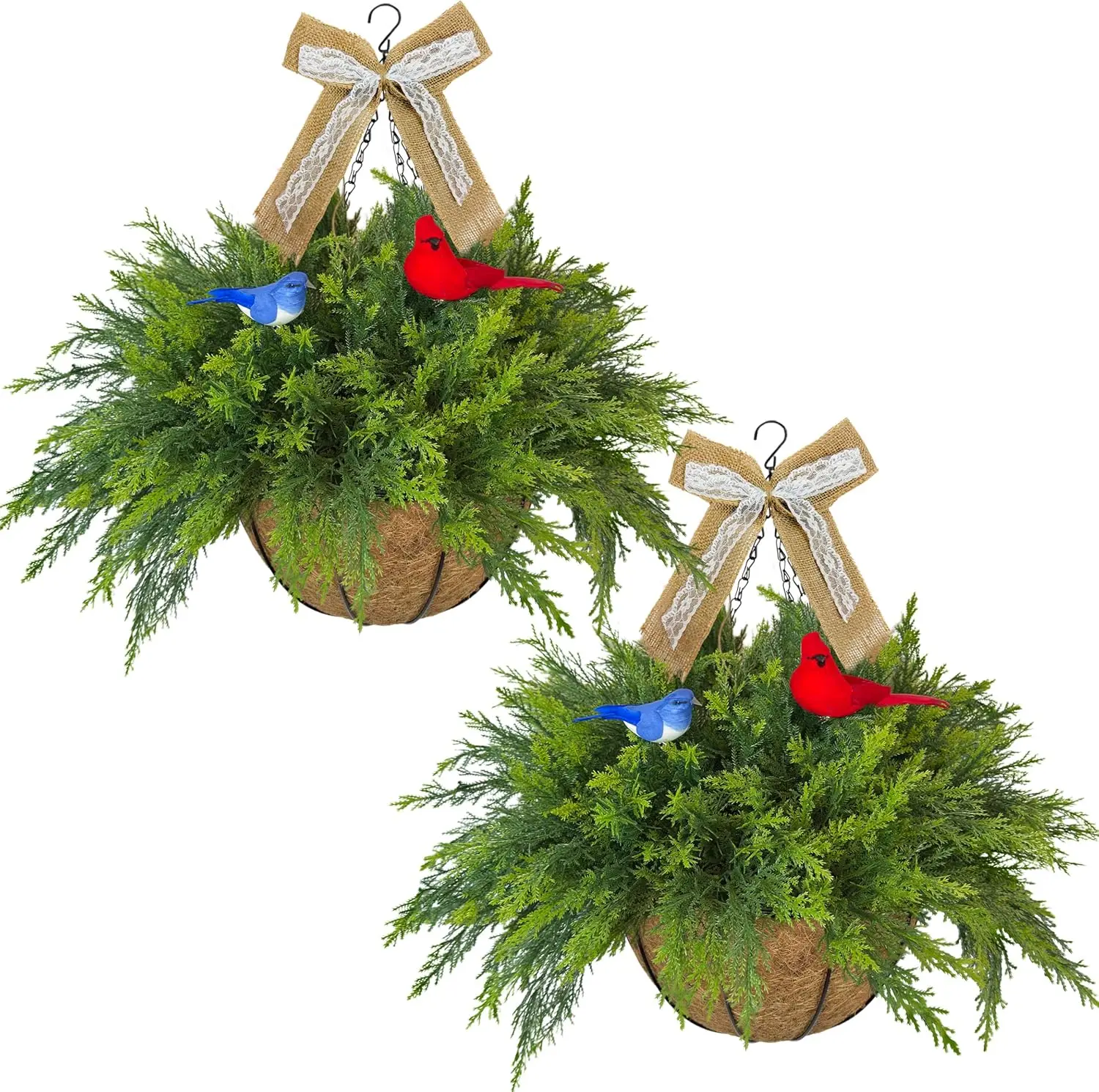 

Набор из 2 искусственных подвесных корзин для растений с имитацией папоротника, птиц и льняных бантов — устойчивые к УФ-излучению, для улицы, веранды, сада