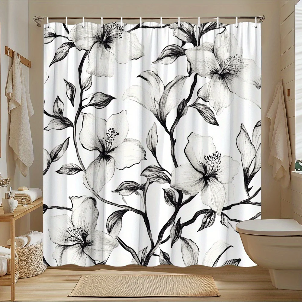

Waterproof Botanical Shower Curtain Black White Floral Line Art Design Bathroom Decor Curtain Liner Tropical Sketch 180x180cm