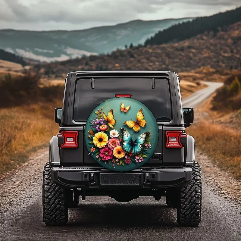 A Teal Green Polyester Fiber Car Tire Cover Featuring Vibrant Floral And Butterfly Patterns. Designed With Large Yellow Daisies,