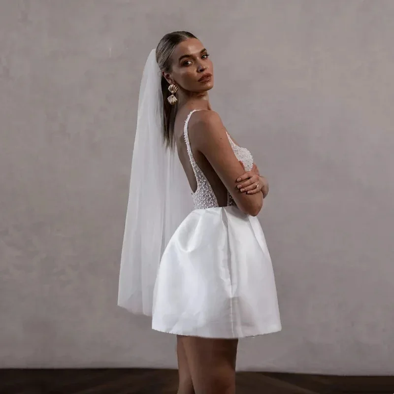 VENSANAC Beading Square Collar Satin Short Wedding Dress Illusion Lace Sleeveless Mini Bridal Gown