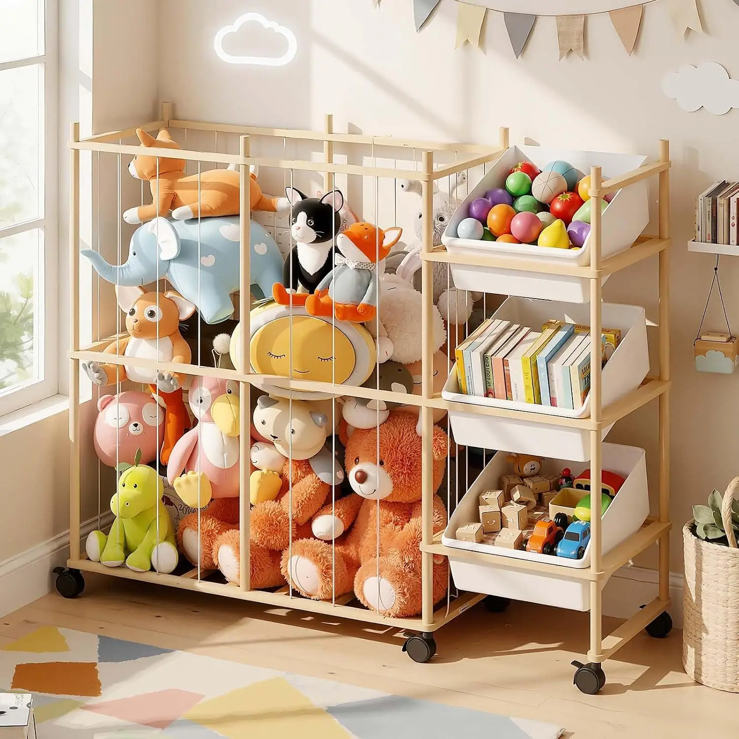 Toy Storage Organizer with 3 Removable Bins, Kids Storage Toy Shelf Organizer for Stuffed Animal Holder for Bedroom Playroom