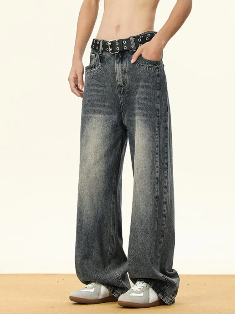 

Retro Distressed Wide Leg Men's Jeans Spring Autumn High Street Style American Cleanfit Straight Micro Flared Trousers
