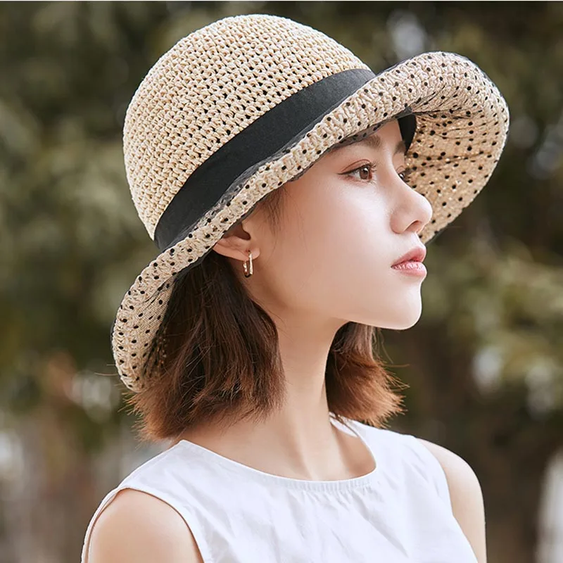 Sombrero de sol para mujer, gorros de playa con encaje de puntos, papel cosido, hierba, transpirable, protección solar, sombrero de pescador,