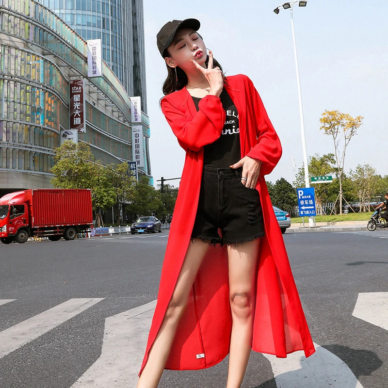 Lusumily Vintage Kimono Long Cardigan Women Fashion Summer Red Beachwear Hoodie Plus Size Chiffon Loose Blouse Shirt Female Tops