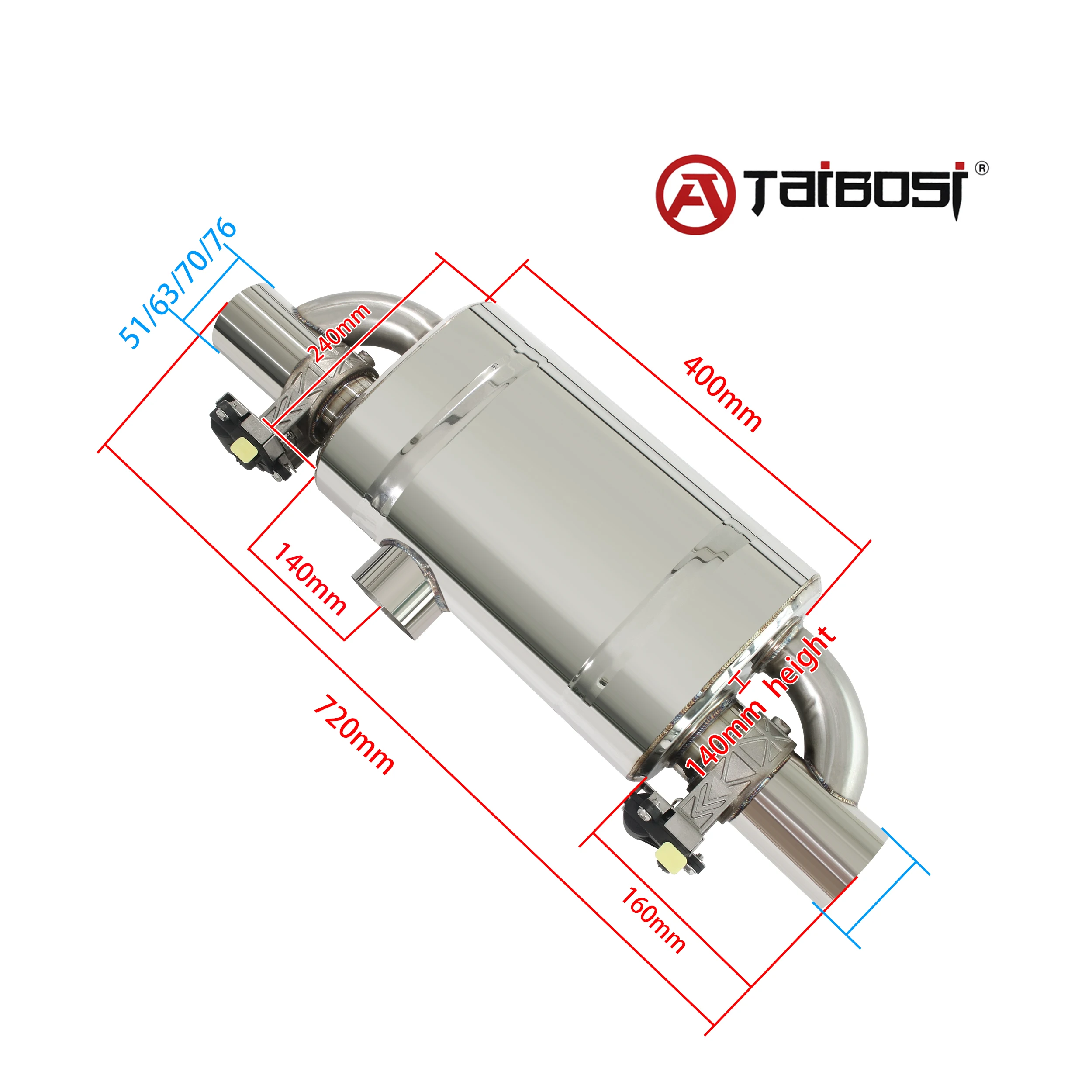 Taibosi Universal 51 60 63 70 76MM Side Inlet 2 Outlet Exhaust Muffler Electric Valve Set 12V Wireless Remote Control Cutout DIY