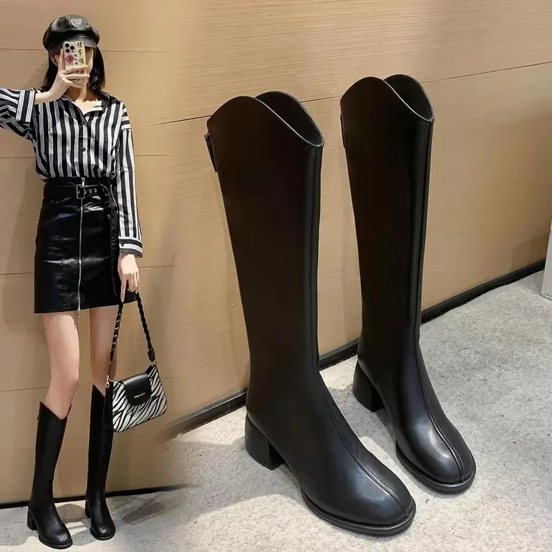 

Brand New Ladies Platform Black Boots Fashion Chunky Med Heels Knee High Boots Women Casual Party Shoes Woman Thigh High Boots