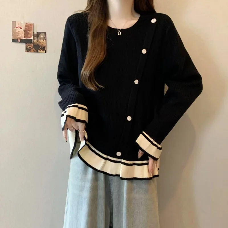 

Versatile Color Blocking Plus Size Women's Autumn and Winter New Item Ruffled Shirt Sleeves Casual Elegance Tops