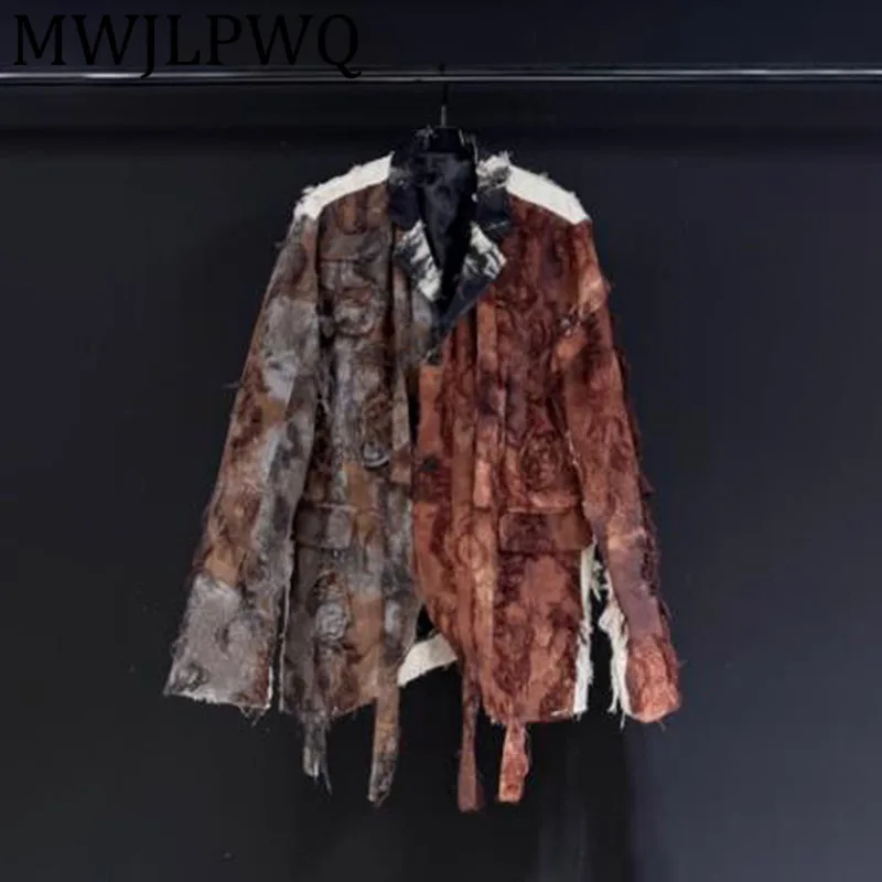 

MWJLPWQ Коричневый костюм с принтом и грубым краем, мужской уличный свободный повседневный пиджак унисекс, новинка 2024, осенняя мода 12258