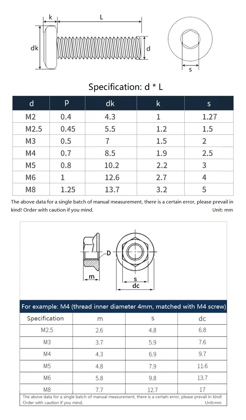 M3 M4 M5 M6 M8 Black 304 Stainless Steel Allen Hex Hexagon Socket Large Flat Head Screw Bolt And Flange Nut Combination Set