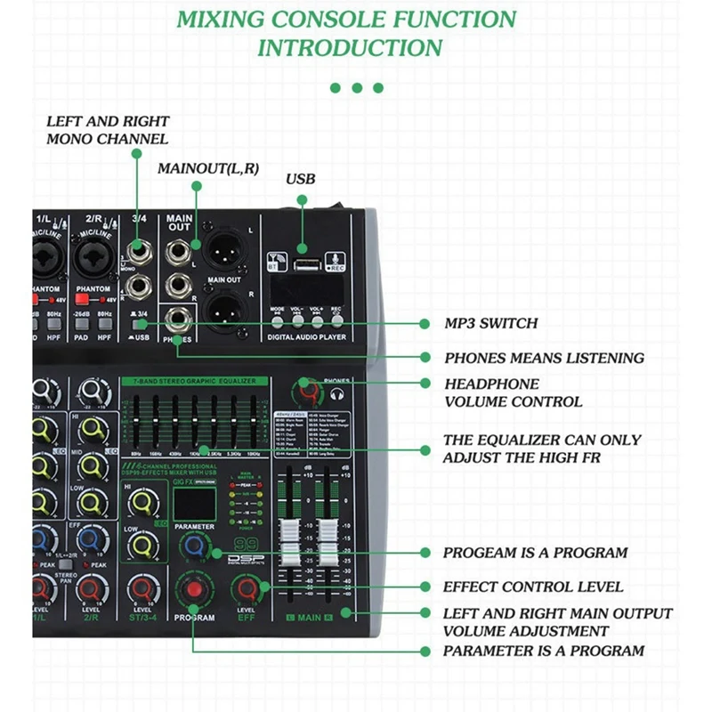 Professional 4-Channel Mixer Built-In 16DSP 7-Segment Balanced Effect Bluetooth Support Recording Audio Mixer