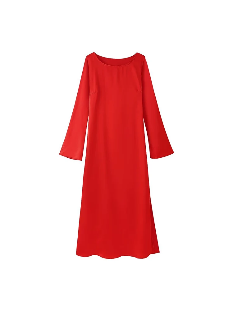 

2024 autumn new fashion all-match French retro round neck slim hip evening dress satin texture long sleeve satin dress