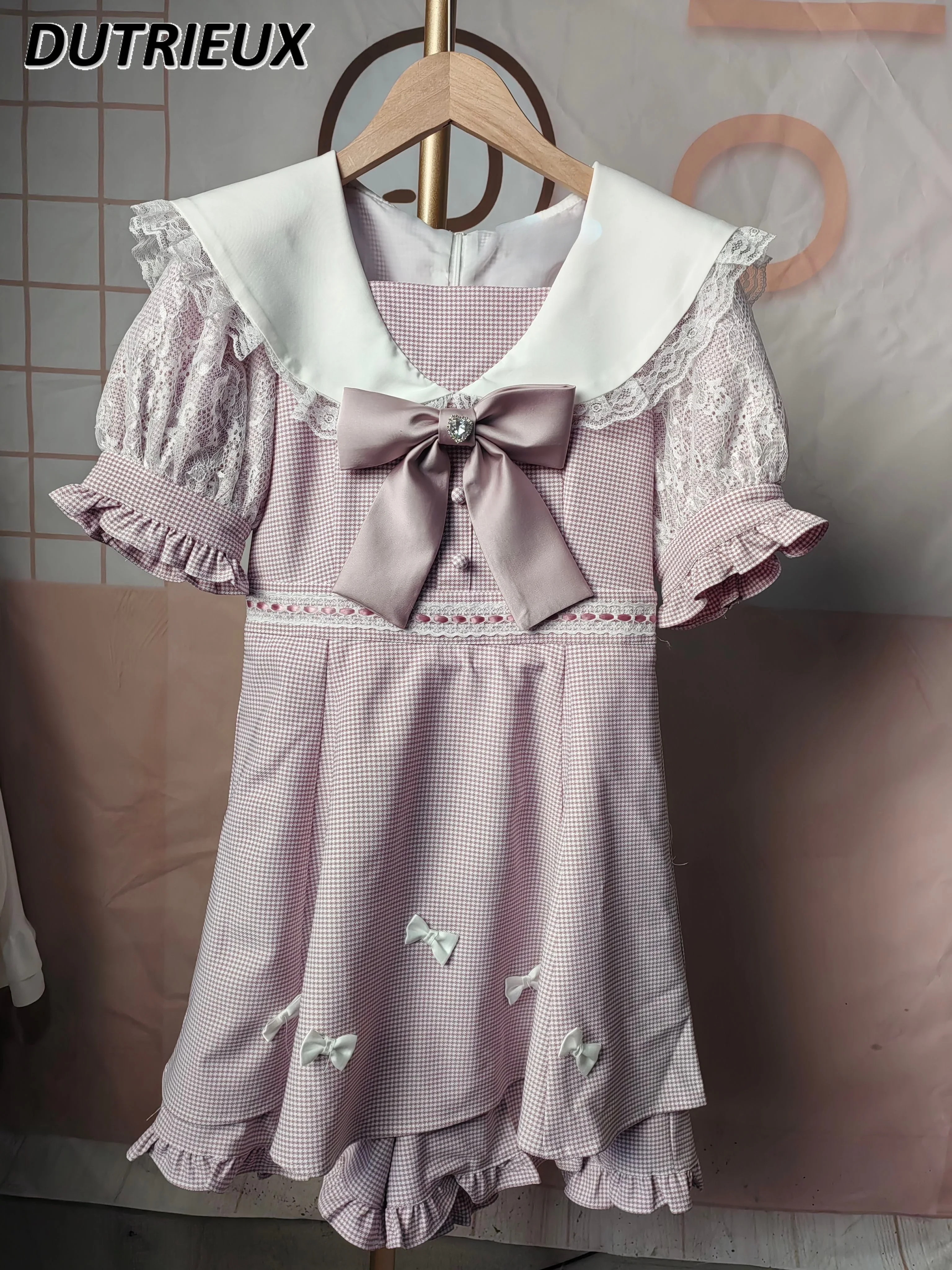 

Spring and Summer New Mass-Produced Bow Sweet Cute Girls One-Piece Split Dress Short Sleeve Waist-Controlled Lapel Dresses