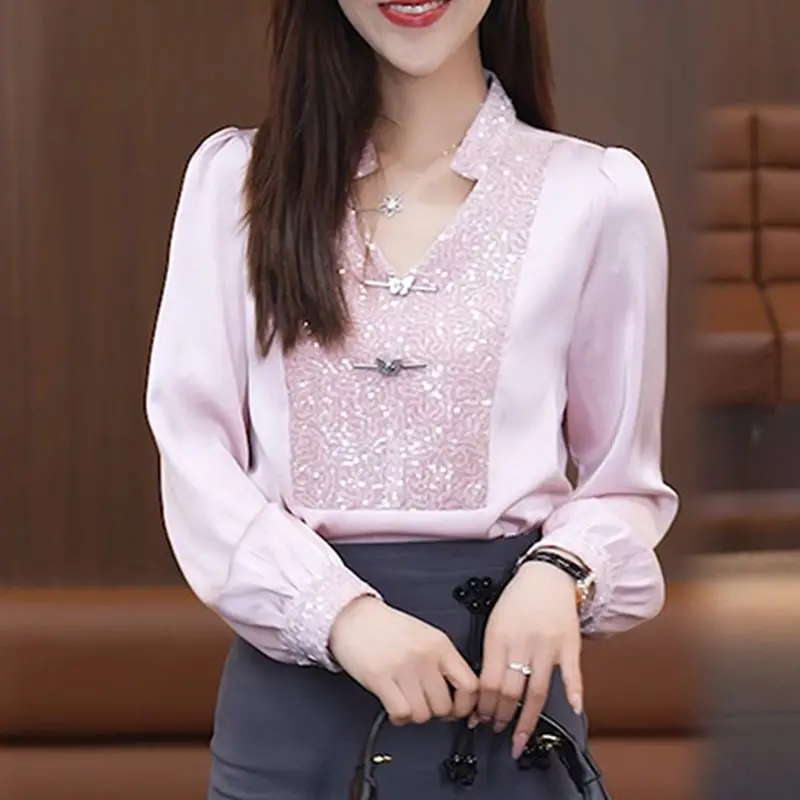 2024 Spring New Chinese Style Women's Clothing Shirt with Temperament Women's Slimming and Splicing Long Sleeve Women's Top