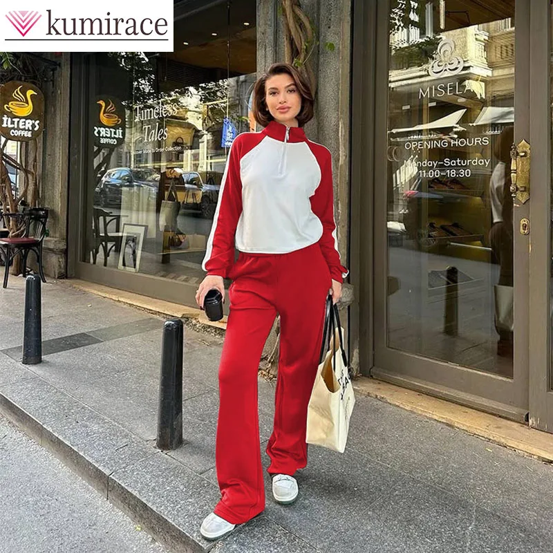 

2025 Spring and Autumn New Color blocked Long sleeved Zipper Hoodie Women's Fashion Casual Wide Leg Pants Two Piece Setpant sets