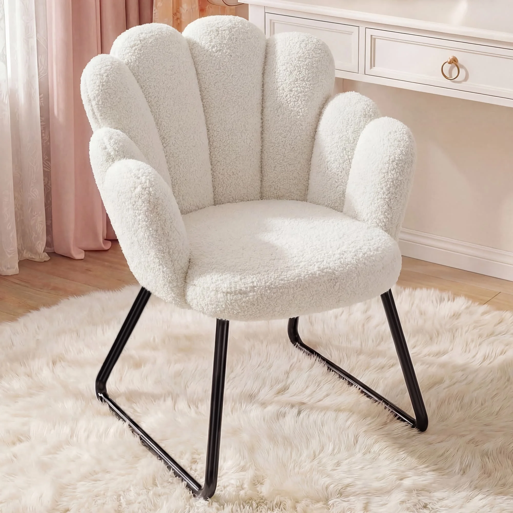 EnHomee Teddy Fleece Accent Chair, Cute Petal Backrest Vanity Chair with Sled Metal Base, No Wheels Leisure Desk Chair, Multi-Purpose Waiting Chair for Bedroom, Living Room, Makeup Room, Home Office