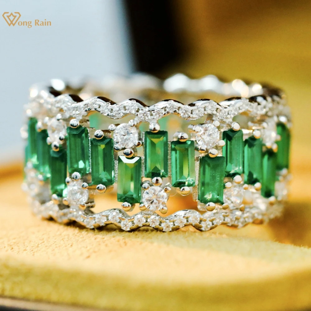 

Wong Rain Vintage 100% 925 Sterling Silver Sparkling Emerald High Carbon Diamond Gemstone 11MM Row Ring for Women Jewelry