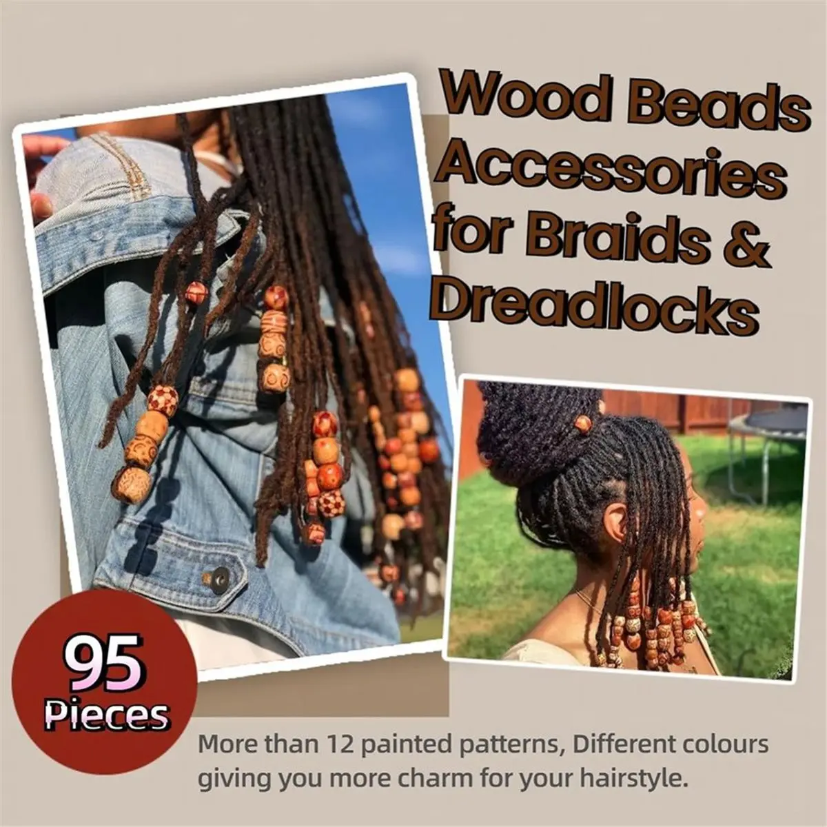 95 Pcs Wood Hair Beads for Braids and Dreadlocks, 12mm Painted Natural Wooden Beads for Loc Dreadlock Hair Accessories