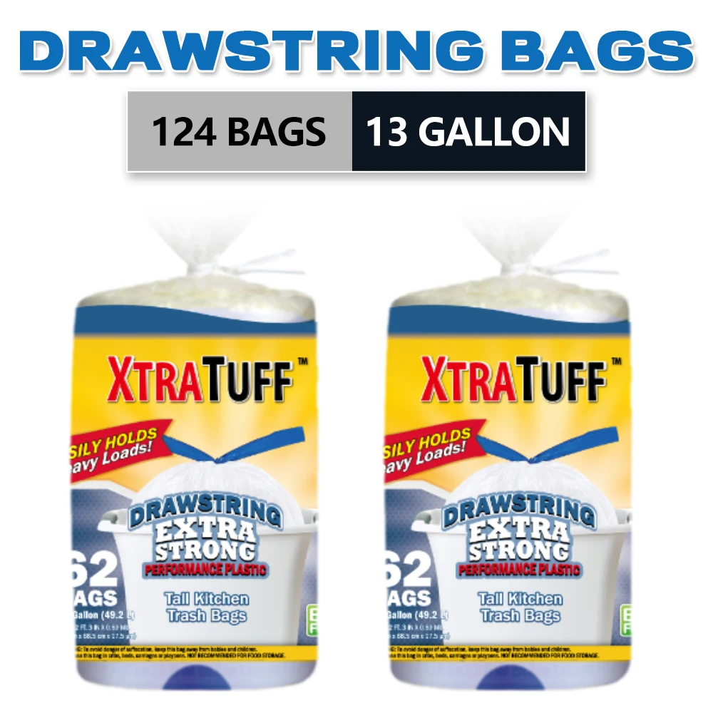 

Xtratuff Tall Kitchen Drawstring Trash Bags 13 Gallon BPA FREE Garbage Bags 124 Count Strong Rubbish Bag for Home Office