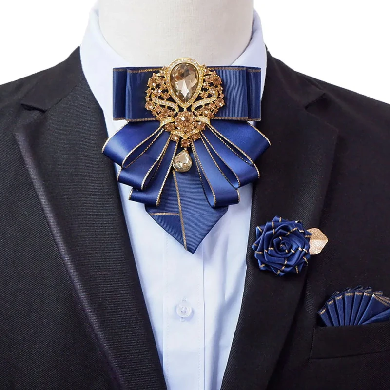 

Men's Bow Tie Brooch Set British Business Banquet Dress Shirt Collar Flowers Luxury Men Wedding Jewelry Bowtie Corsage 3pcs Sets