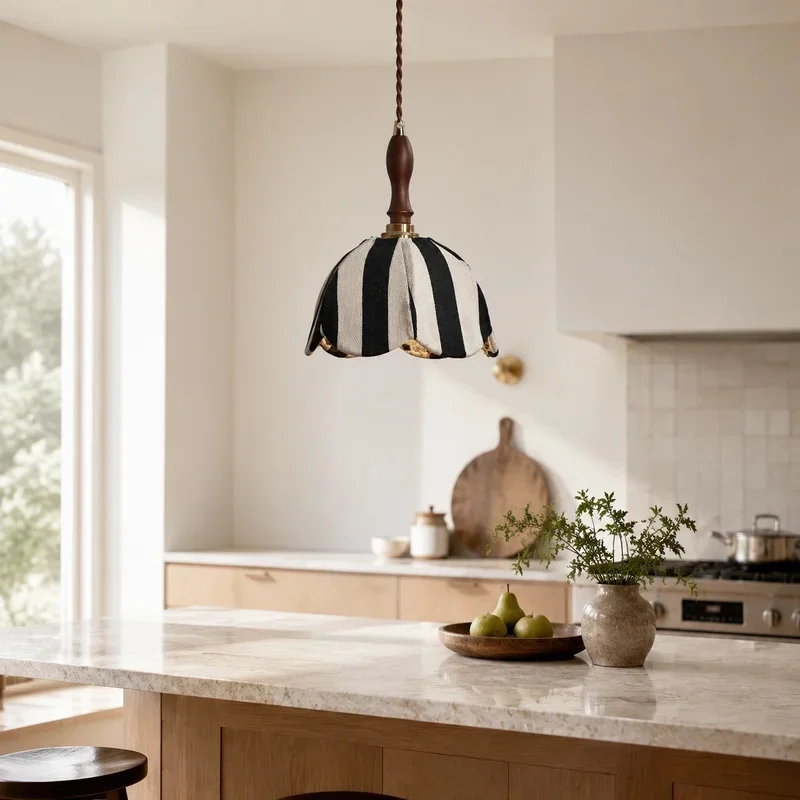 Vintage Striped Fabric Pendant Light Wooden Handle Hanging Lamp for Dining Room Kitchen Island Home Decor Lighting