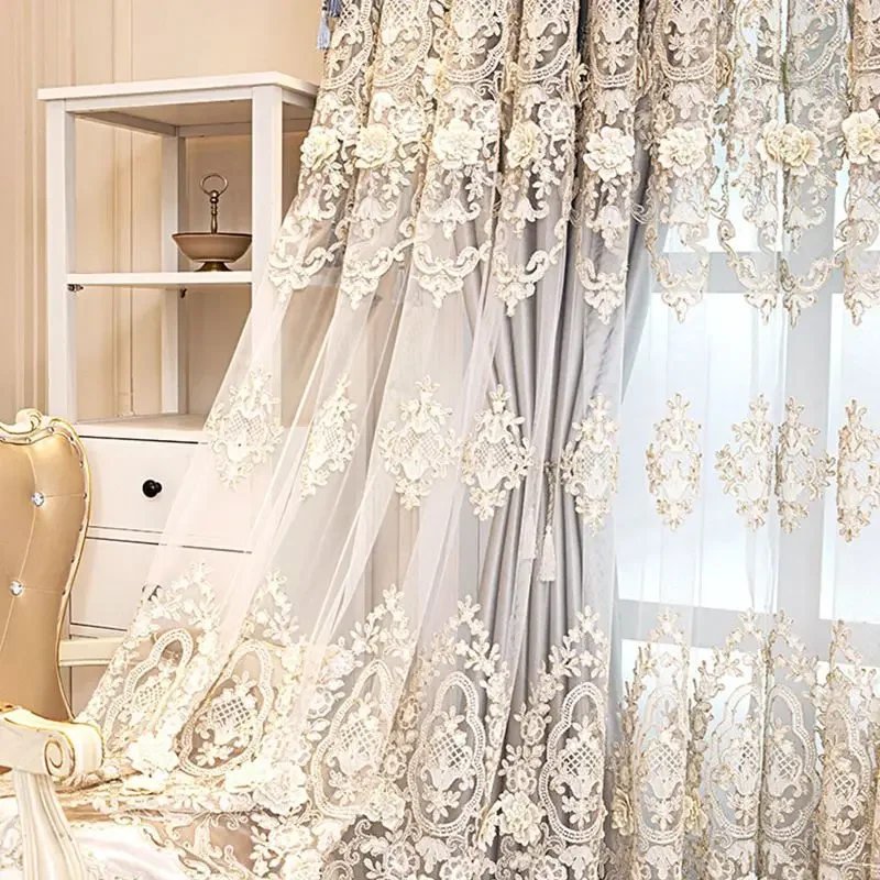 European Double Layer Embroidered Tulle Cloth, Luxury Blackout Curtain, High-End Fabric Curtains for Living Room and Bedroom