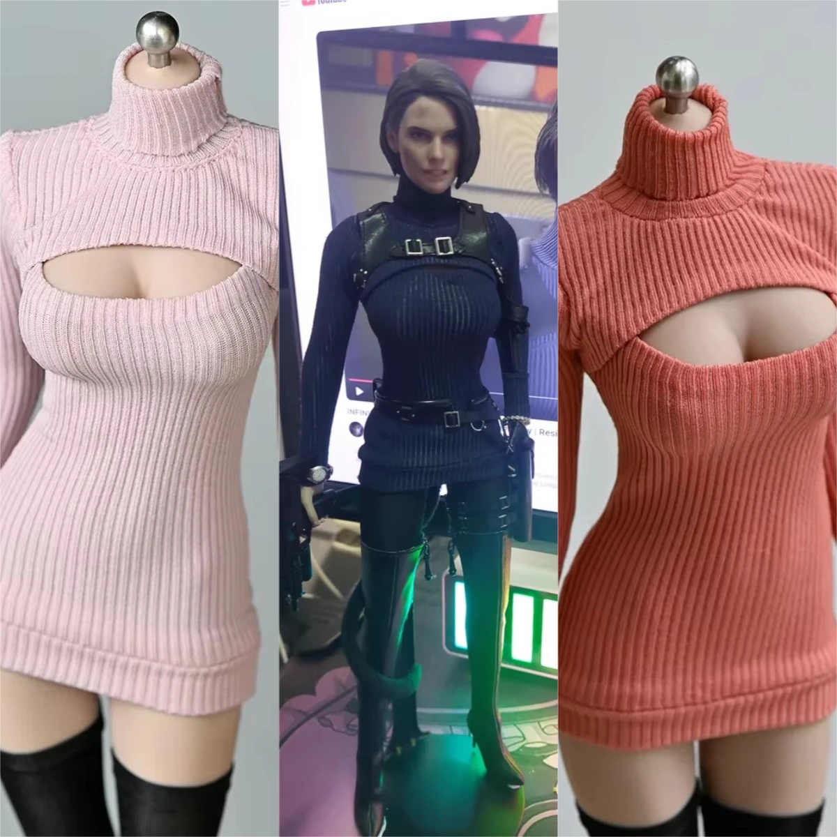 In Stock 1/6 Female Soldier High Neck Thick Stripe Open Chest Sweater for 12inch Action Figures TBL Ph Doll Props Toys