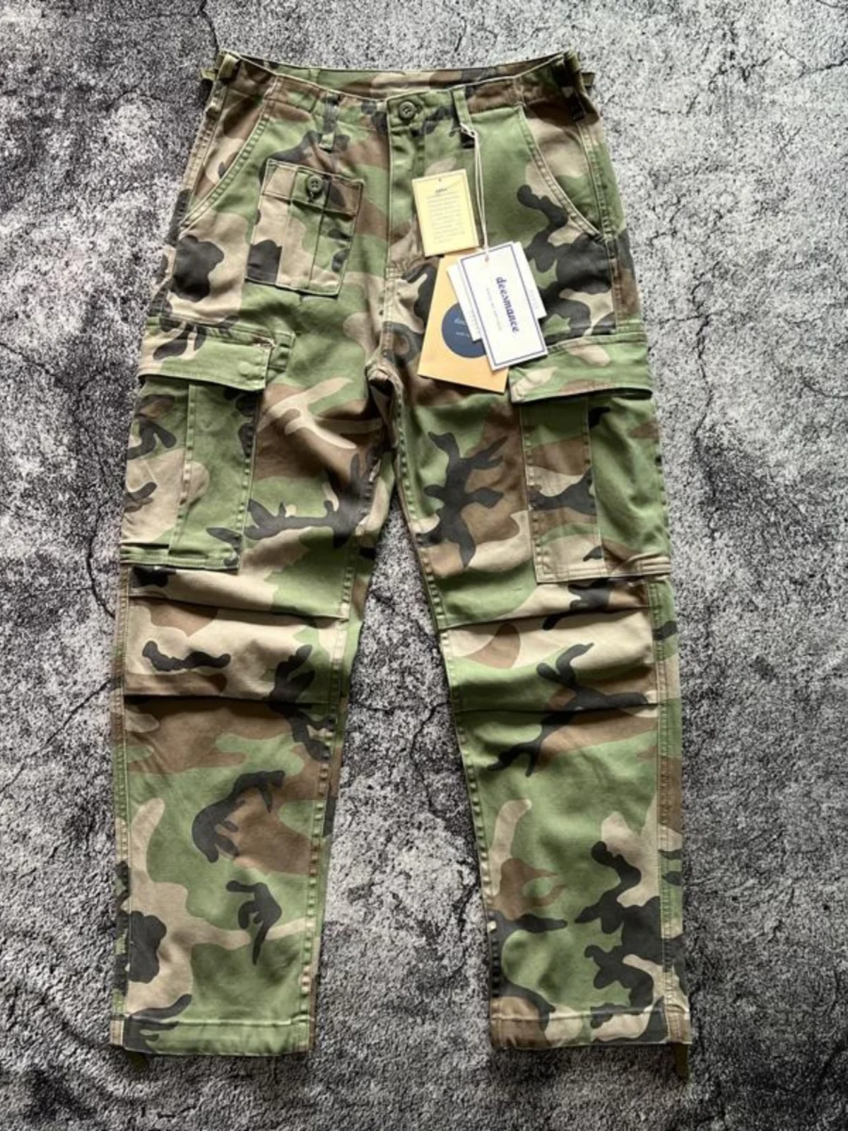 

American Retro Work Pants Multi-Pocket Green Camouflage Elastic Straight Leg Military Casual Trousers for Young Men