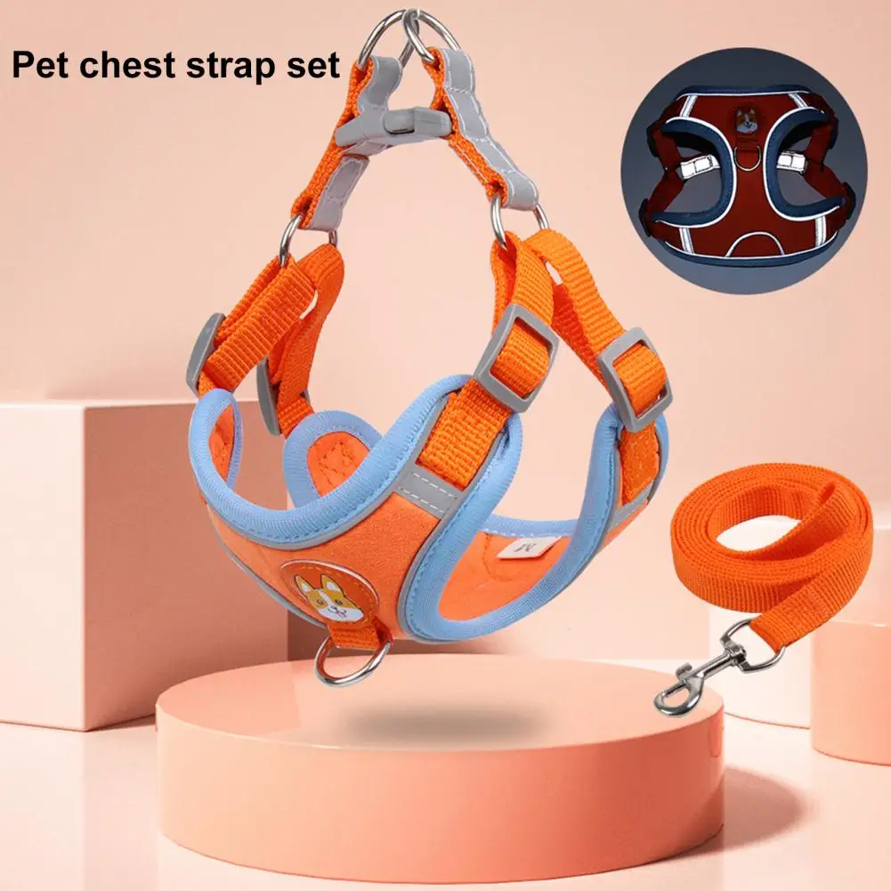 2Pcs/Set Dog Chest Strap Set Reflective Anti-escape Breathable Pet Harness Set Close Fitting Strong Buckle Puppy Traction Leash