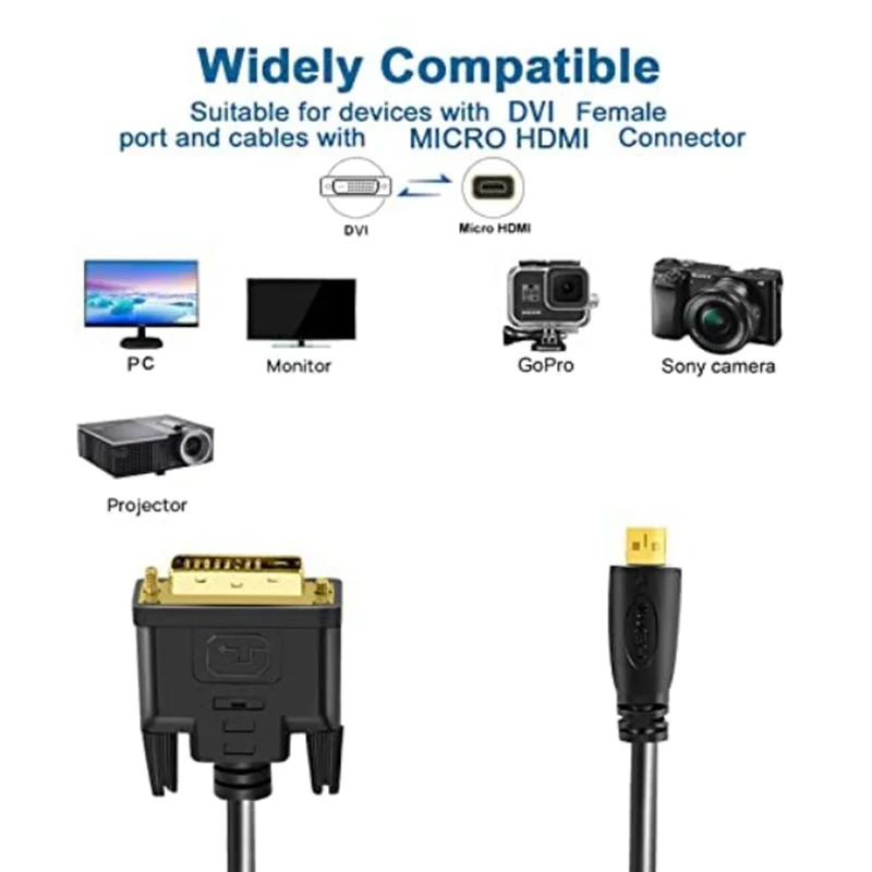 1M/1.8M Micro HDTV HDMI MicroHDMI HD To DVI DVI-D 24+1Pin Adapter Cables 3D 1080p For LCD DVD HDTV XBOX PS3 Monitor TV