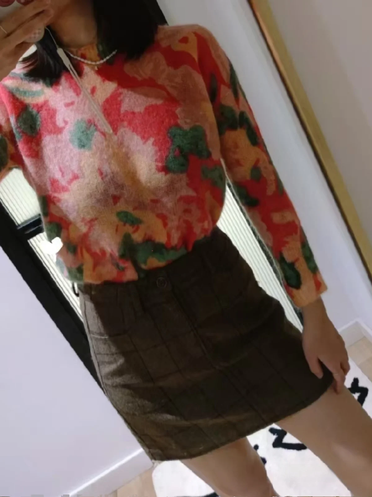 Maglione lavorato a maglia rotondo in lana Camere vintage con stampa romantica Maglieria da donna dolce Sle ampia vestibilità lunga Sve V-Ne