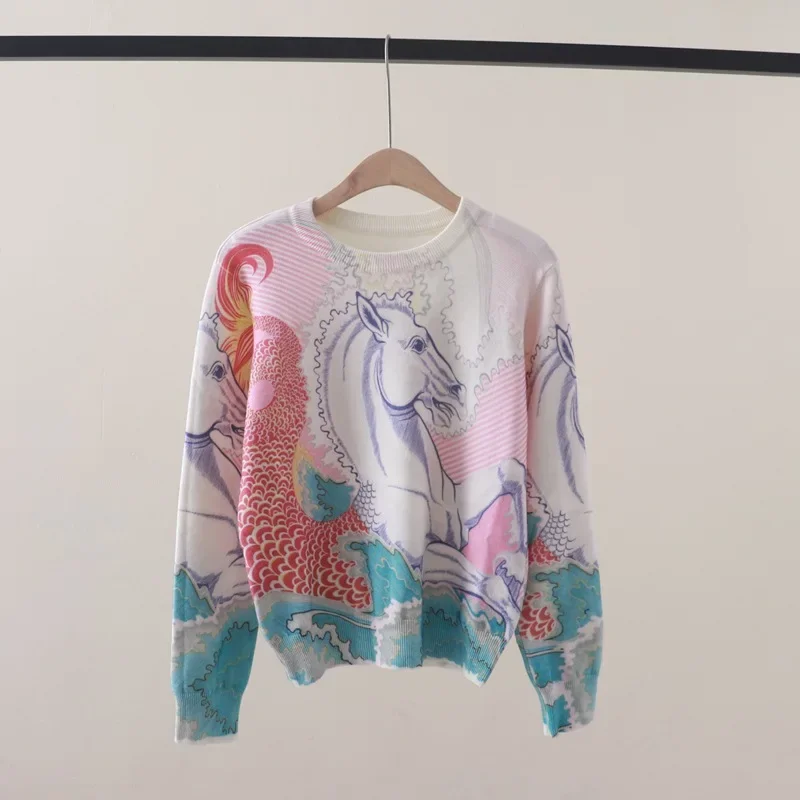 Women\'s Sweater Horse 3D Digital Print Pullover Sweater Women Clothing Knit Tops Long Sleeve Jumper Colorful Animal Y2k Clothes