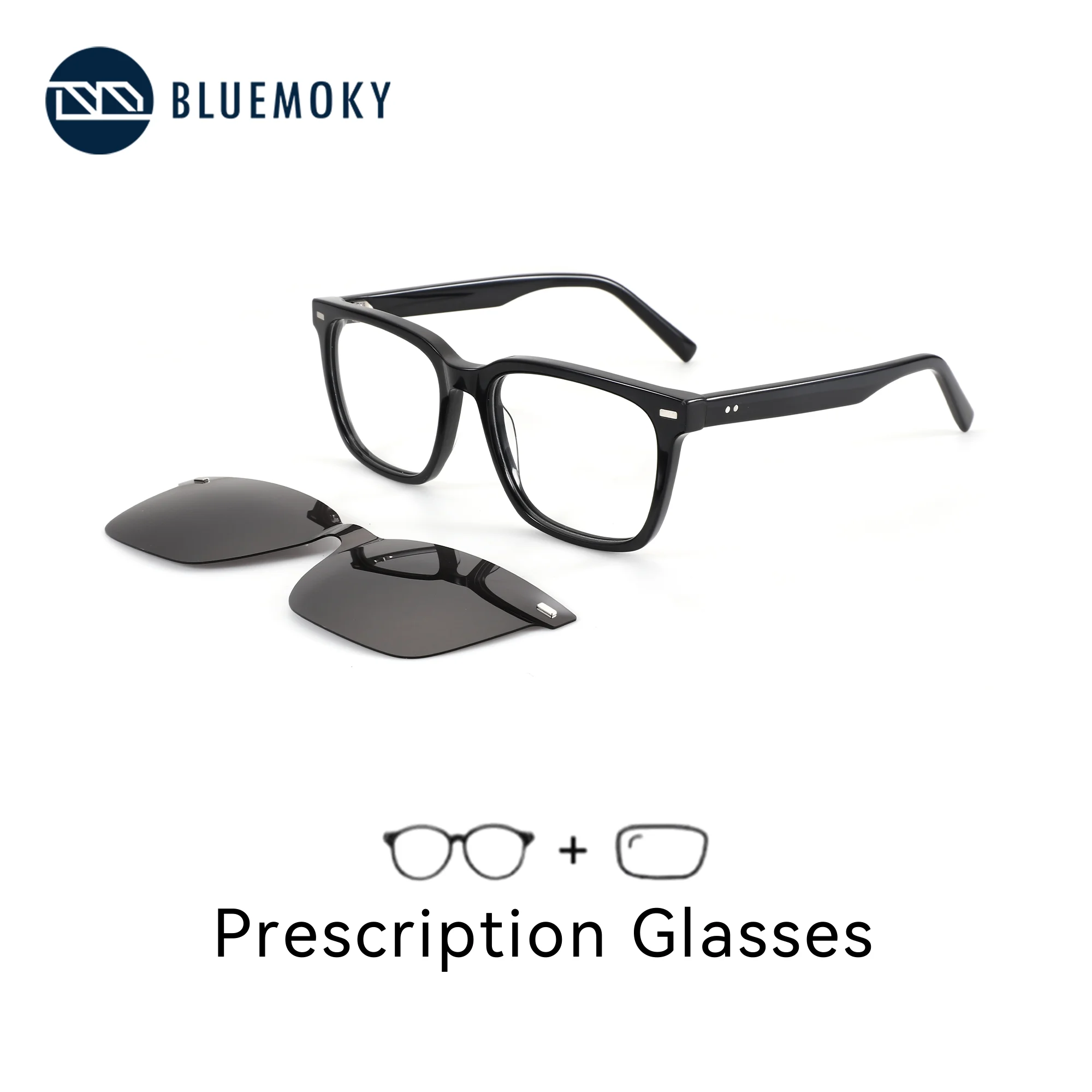 BLUEMOKY M Size Acetate Square Polarized Magnetic Clip On Prescription Glasses Men's Anti Blue Light Myopia Optical Eyeglasses